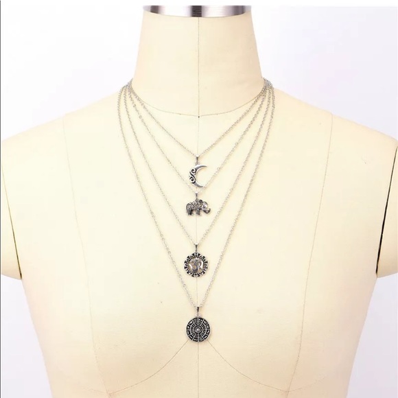 Boho Necklace Silver Chain Elephant Sun Moon Fower - Picture 5 of 6